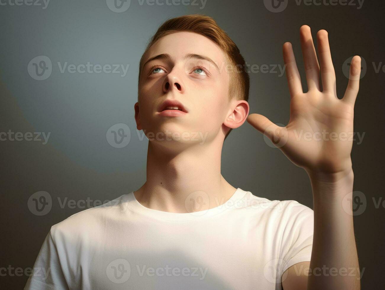 joven hermoso hombre emocional gestos en sólido antecedentes ai generativo foto