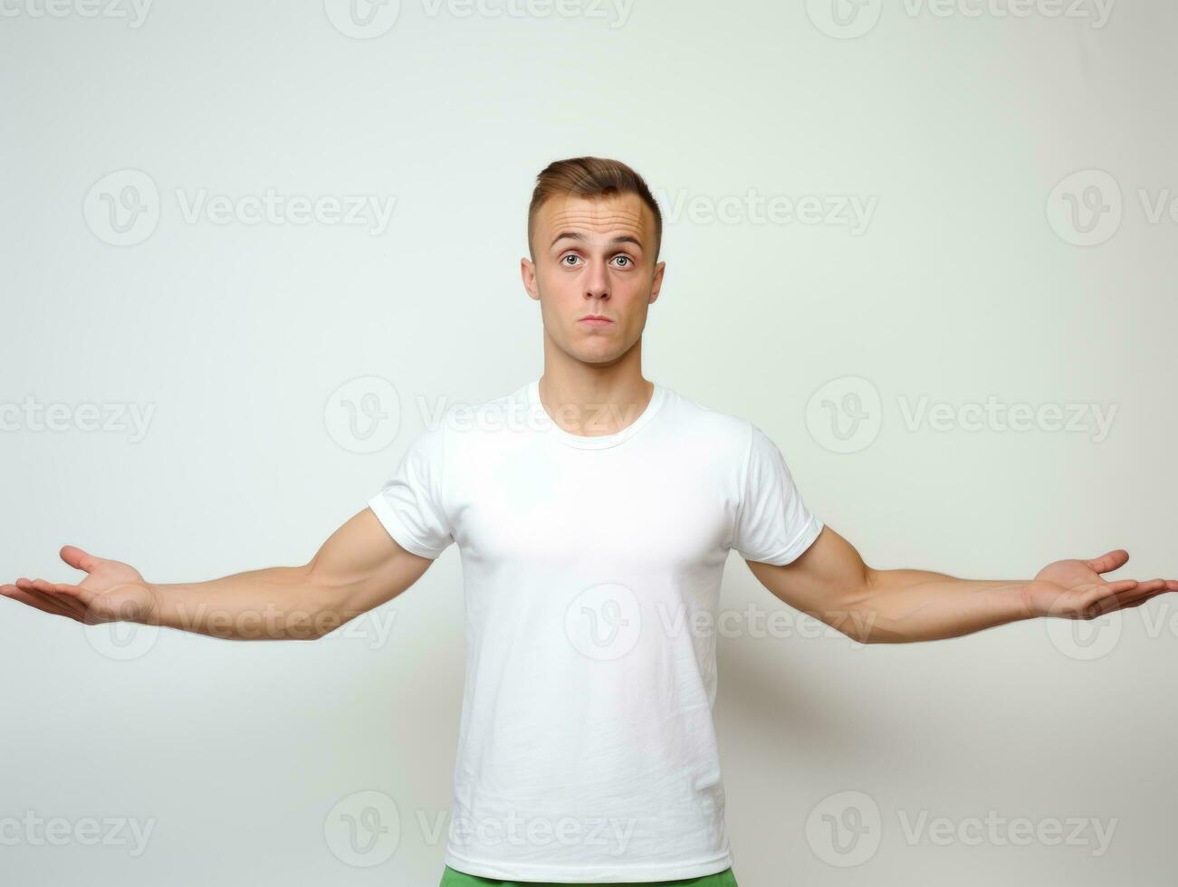 Young handsome man emotional gestures on solid background AI Generative photo