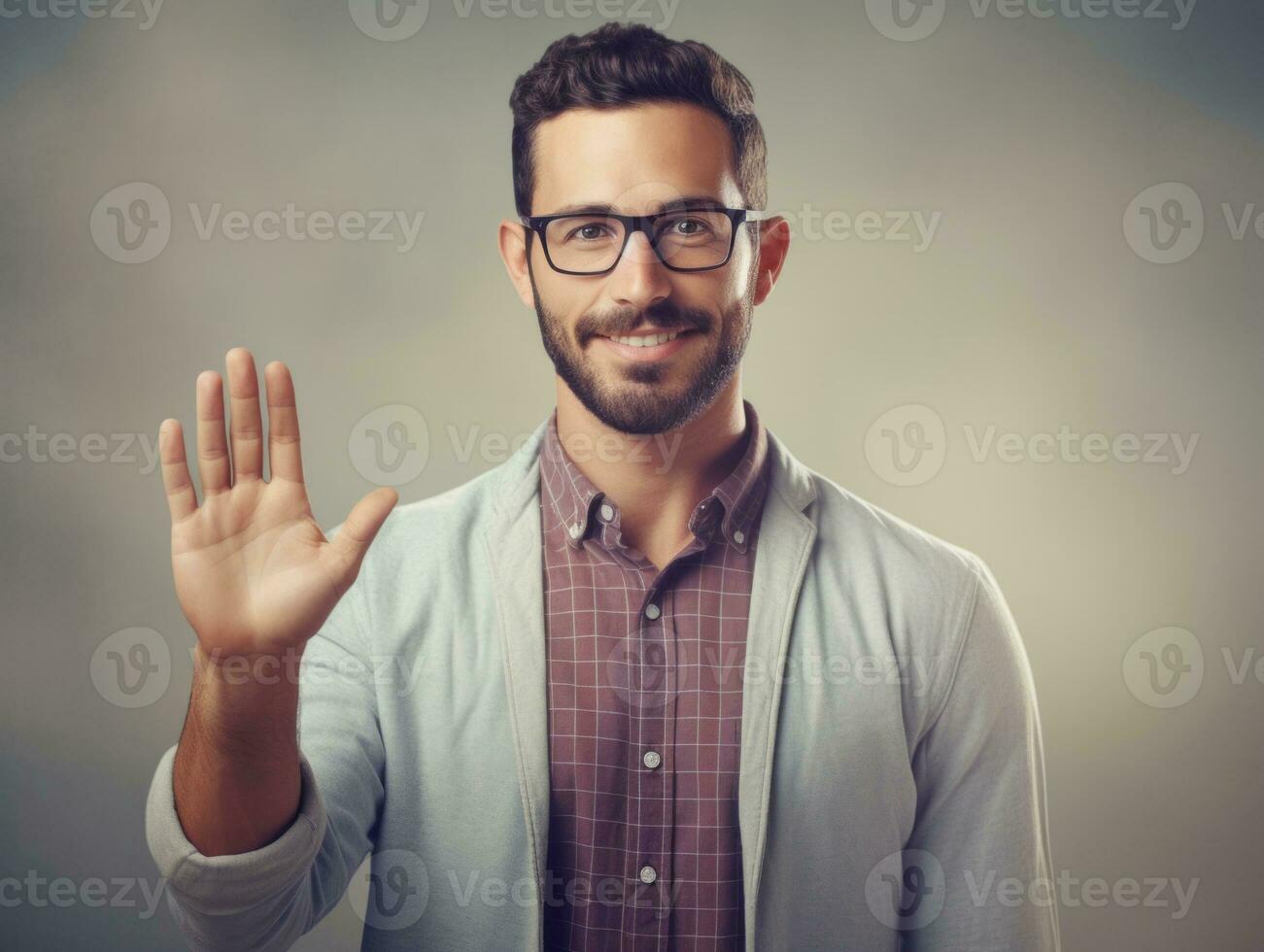 Young handsome man emotional gestures on solid background AI Generative photo