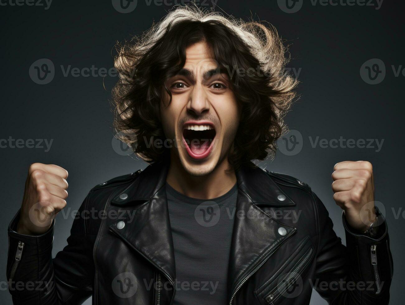 Young handsome man emotional gestures on solid background AI Generative photo