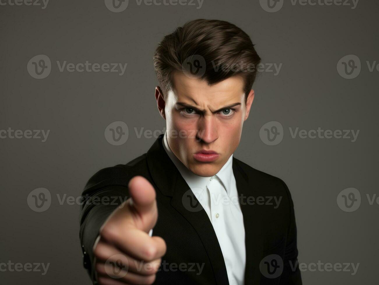 Young handsome man emotional gestures on solid background AI Generative photo