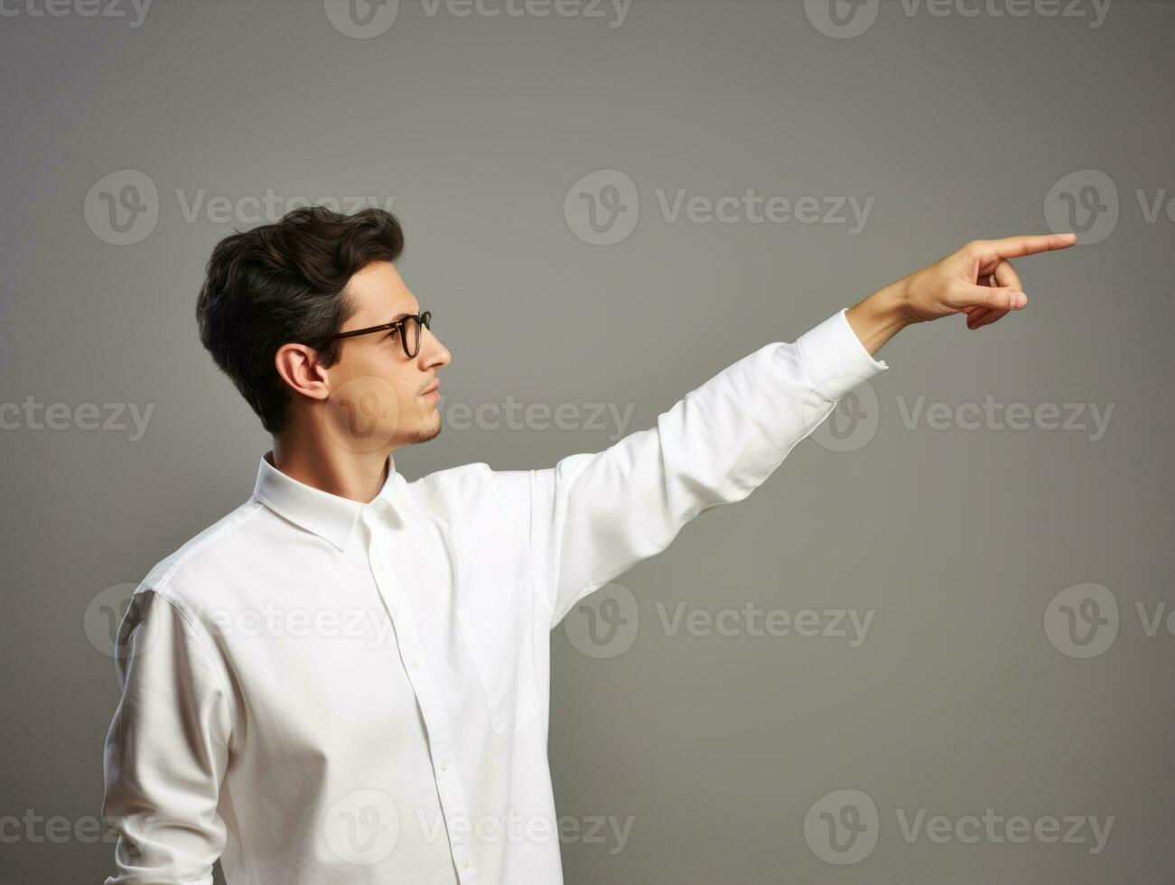 joven hermoso hombre emocional gestos en sólido antecedentes ai generativo foto