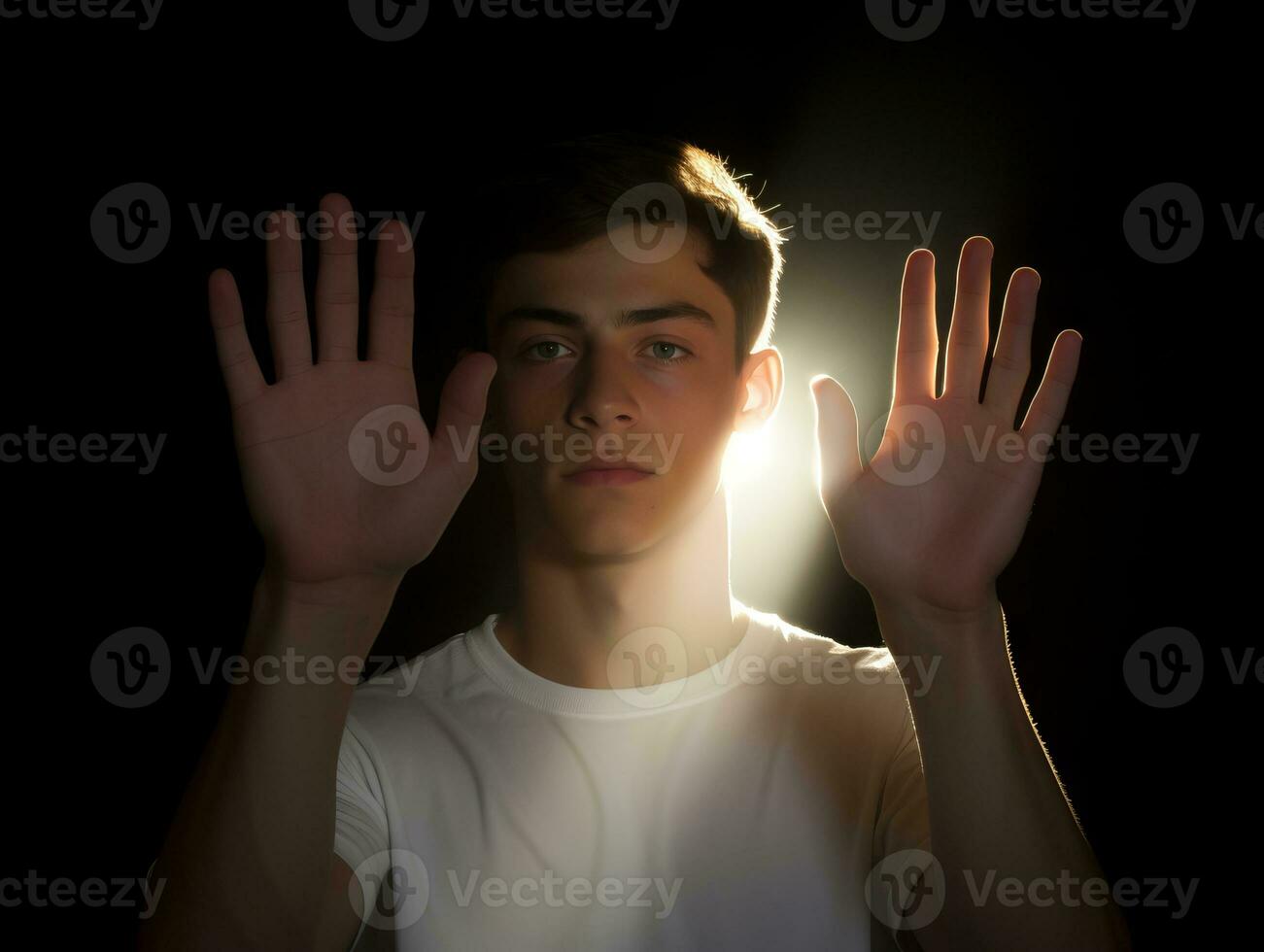 joven hermoso hombre emocional gestos en sólido antecedentes ai generativo foto