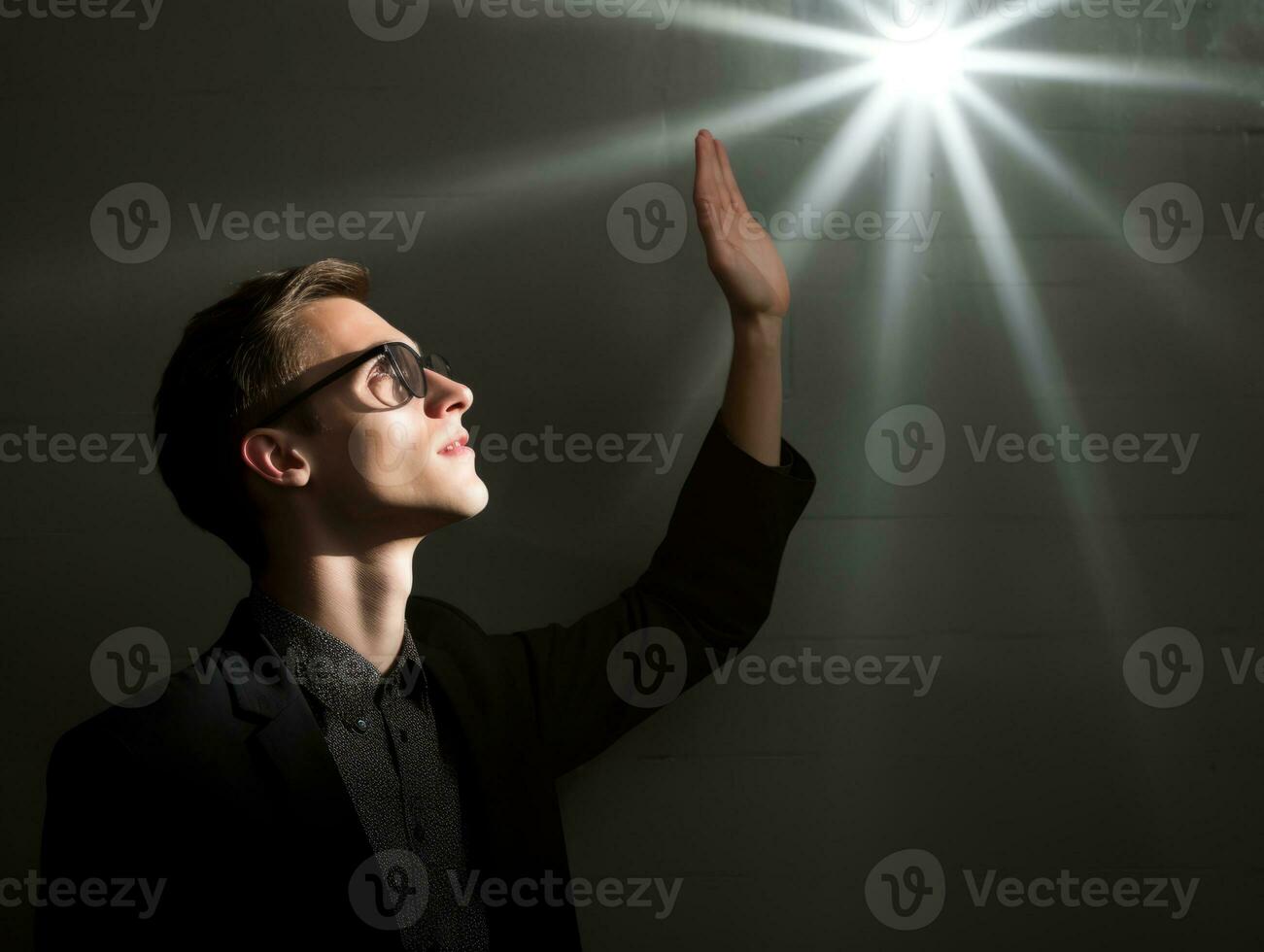 joven hermoso hombre emocional gestos en sólido antecedentes ai generativo foto