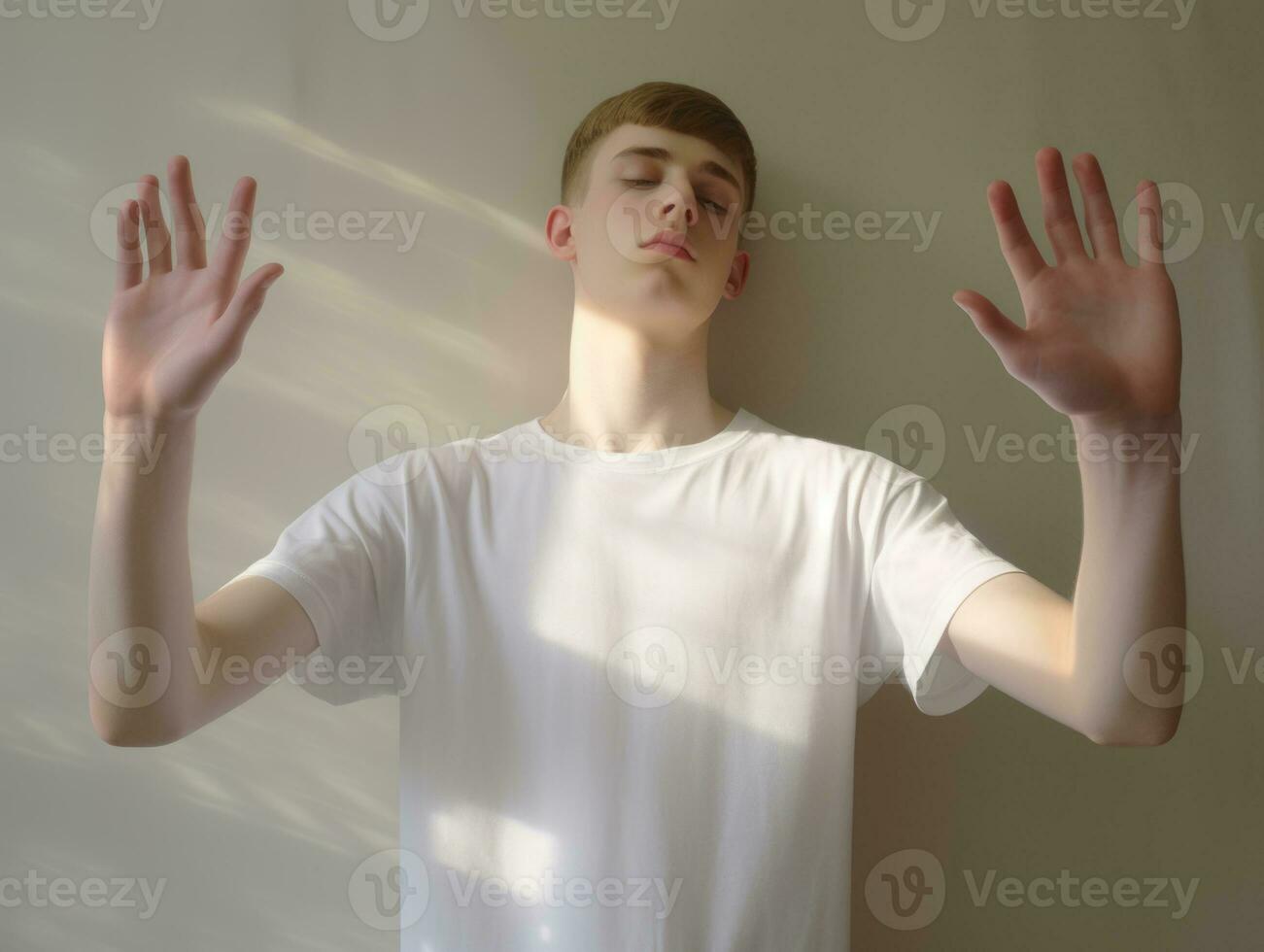 joven hermoso hombre emocional gestos en sólido antecedentes ai generativo foto