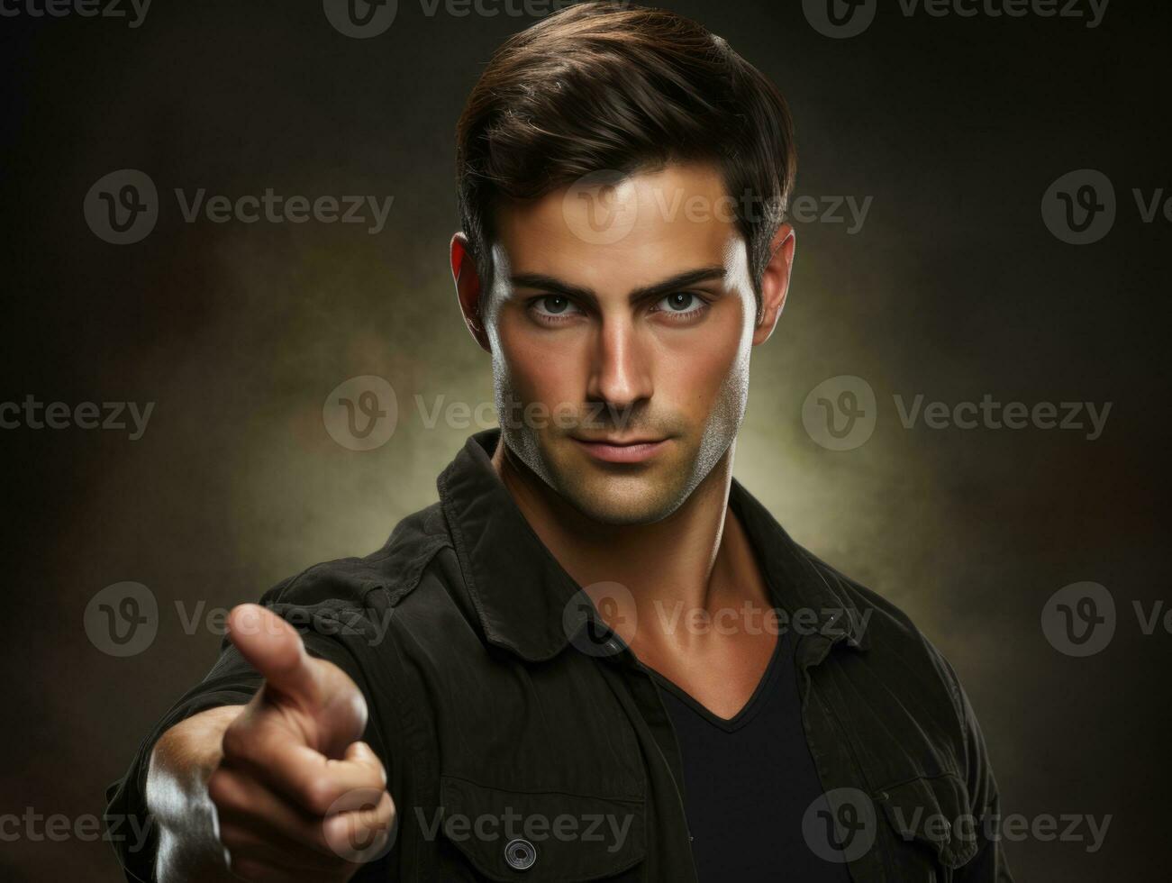 Young handsome man emotional gestures on solid background AI Generative photo