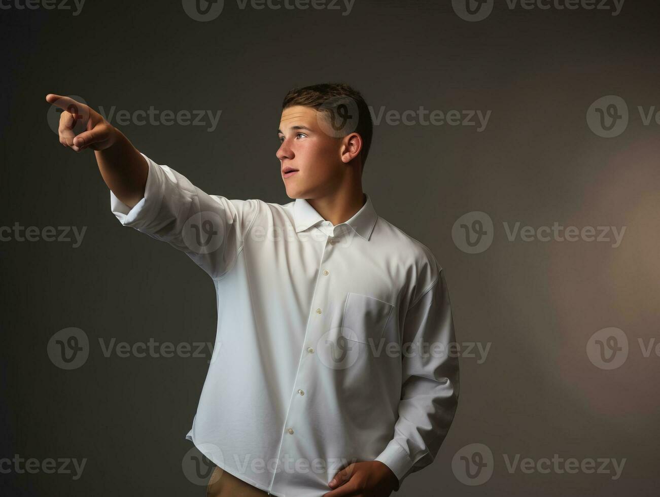 joven hermoso hombre emocional gestos en sólido antecedentes ai generativo foto