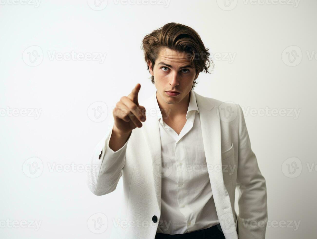 Young handsome man emotional gestures on solid background AI Generative photo