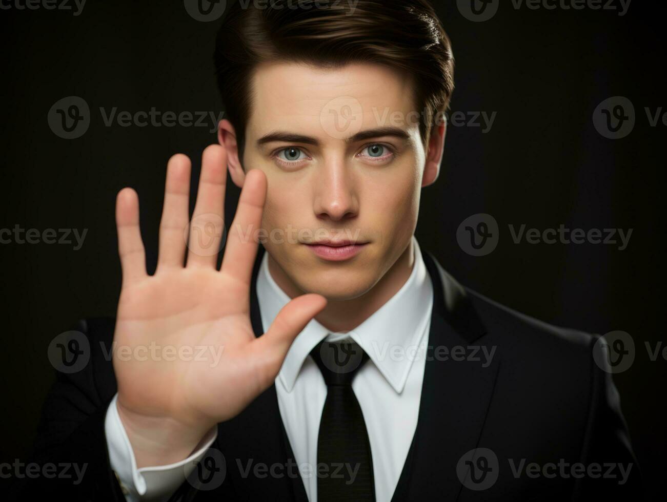 Young handsome man emotional gestures on solid background AI Generative photo