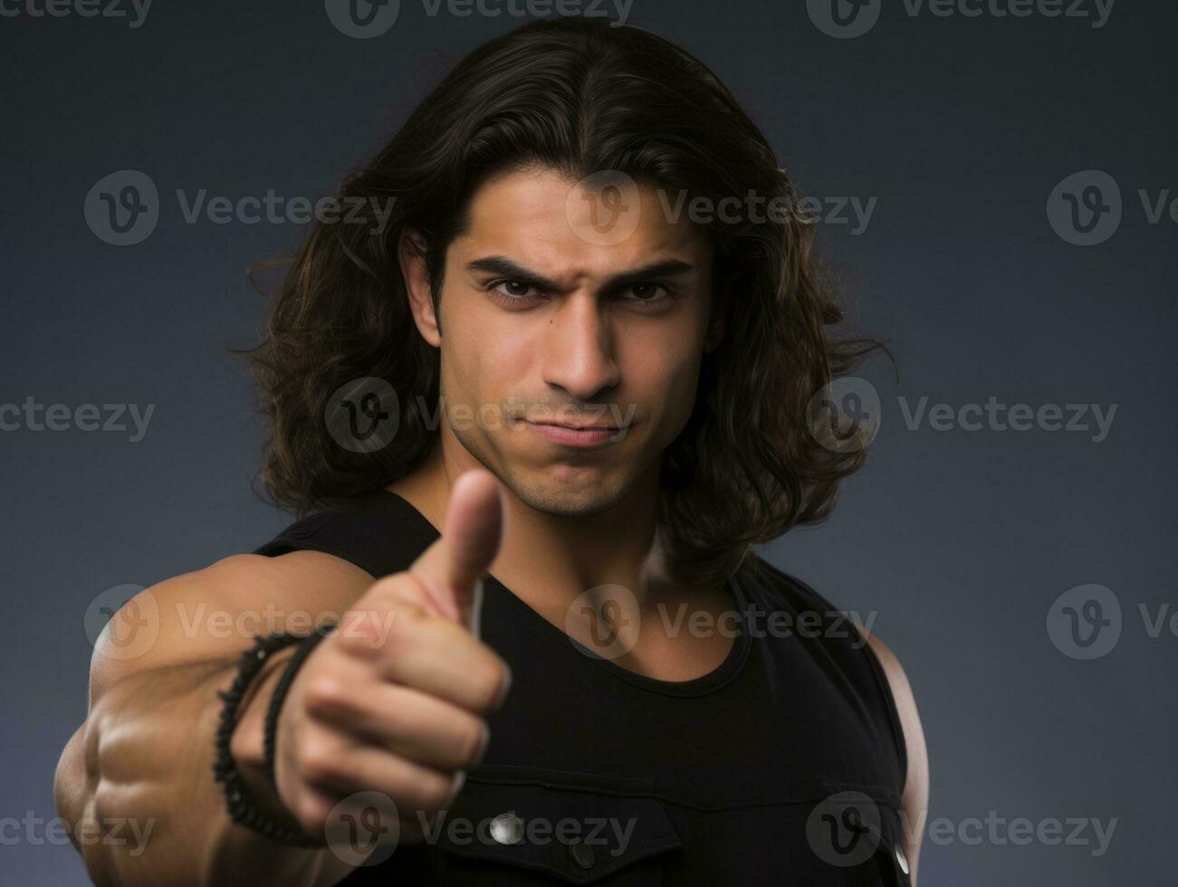 Young handsome man emotional gestures on solid background AI Generative photo