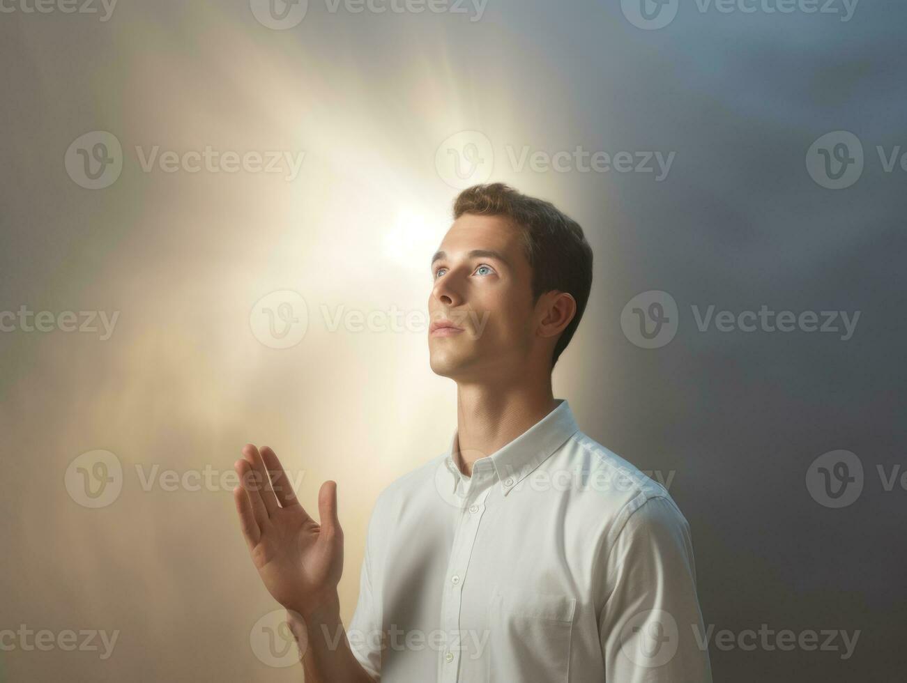 joven hermoso hombre emocional gestos en sólido antecedentes ai generativo foto