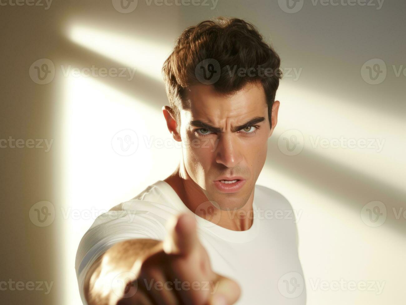 Young handsome man emotional gestures on solid background AI Generative photo