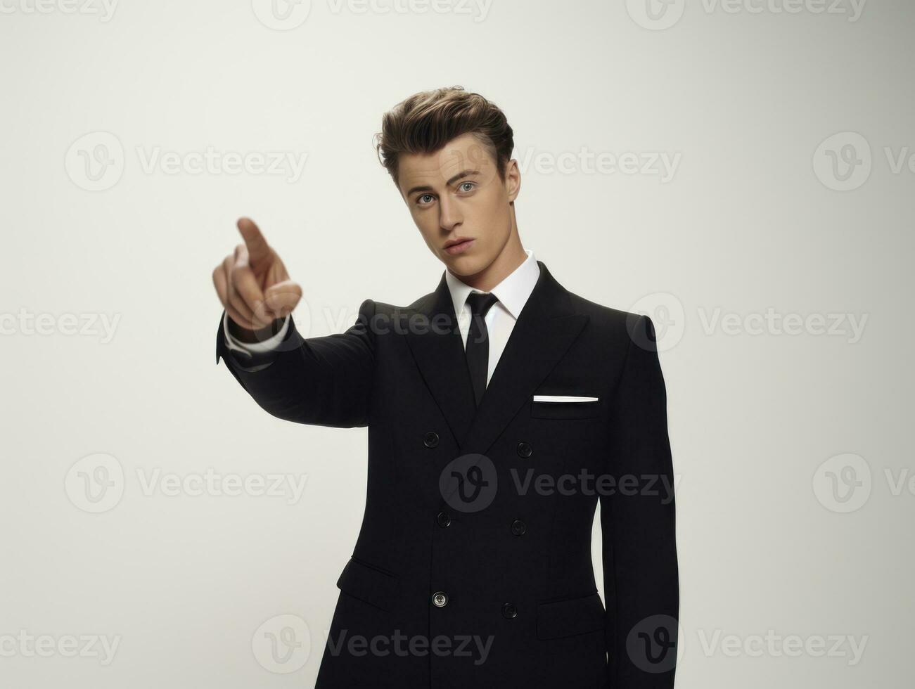 Young handsome man emotional gestures on solid background AI Generative photo