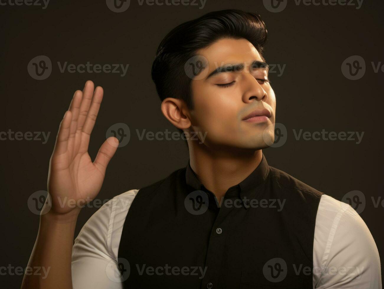 Young handsome man emotional gestures on solid background AI Generative photo