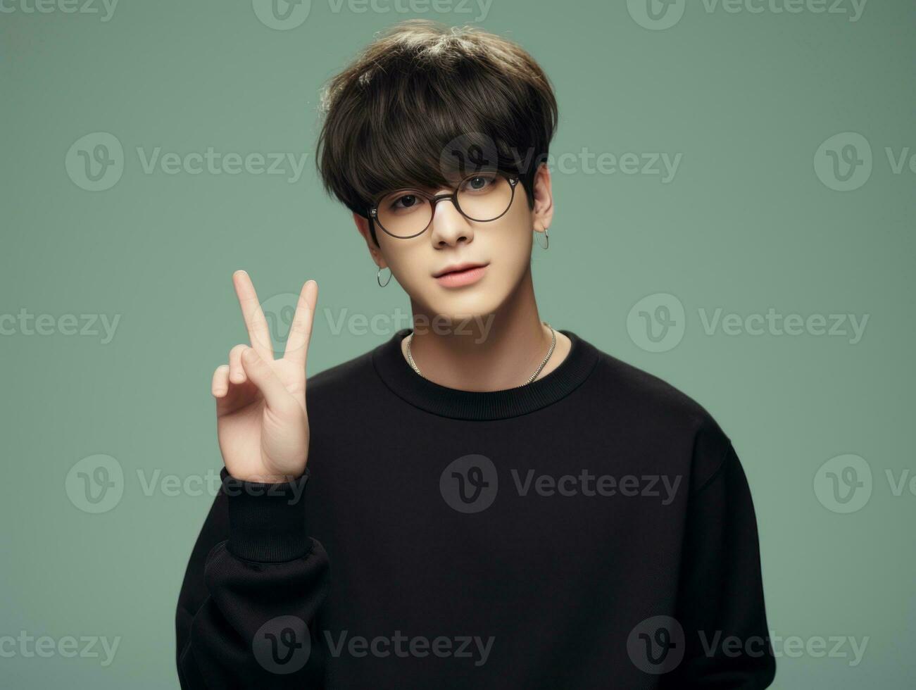 Young handsome man emotional gestures on solid background AI Generative photo