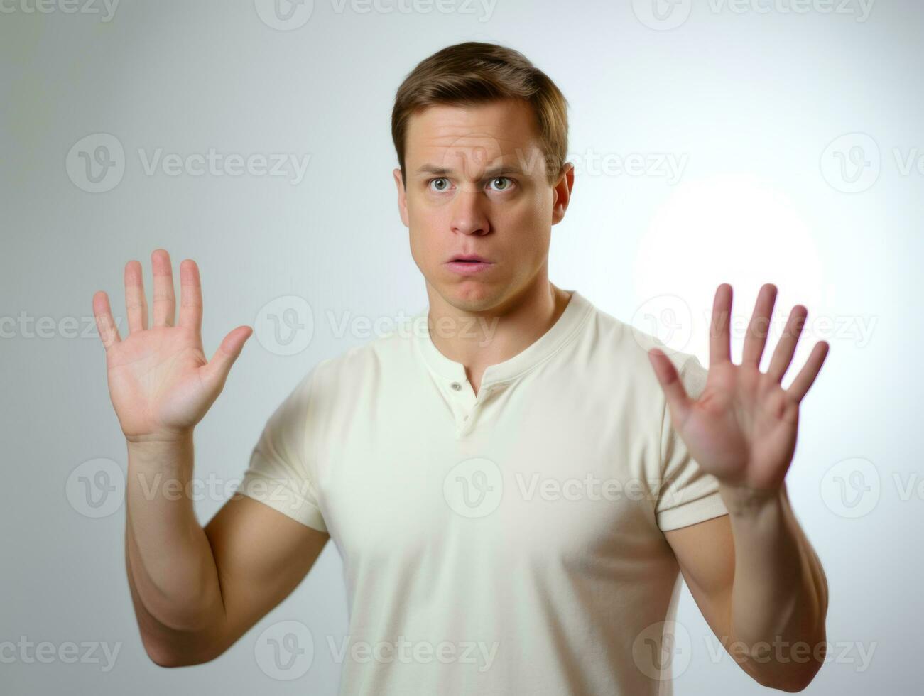 Young handsome man emotional gestures on solid background AI Generative photo