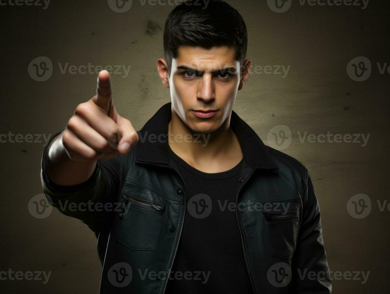 Young handsome man emotional gestures on solid background AI Generative photo