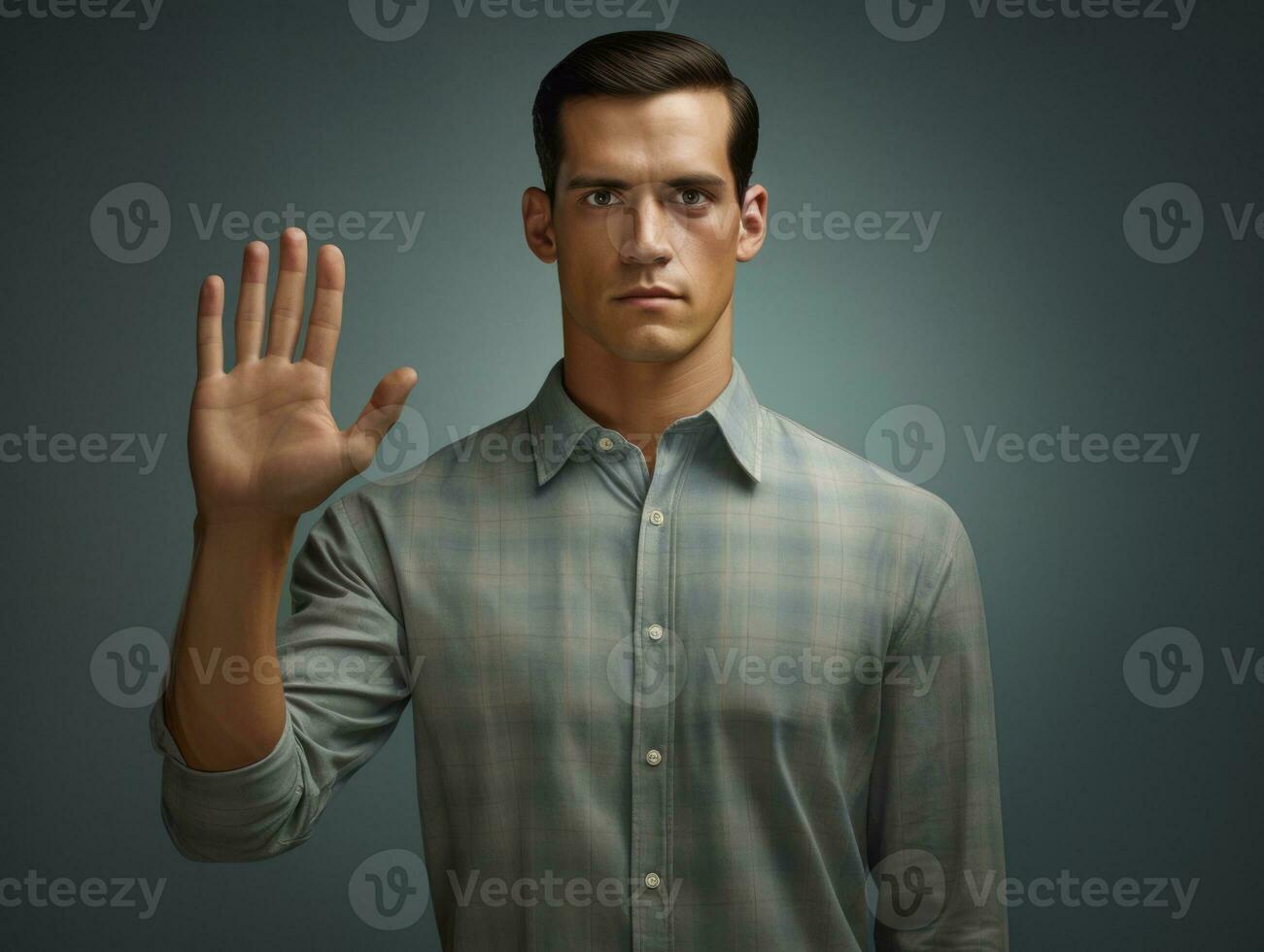 Young handsome man emotional gestures on solid background AI Generative photo