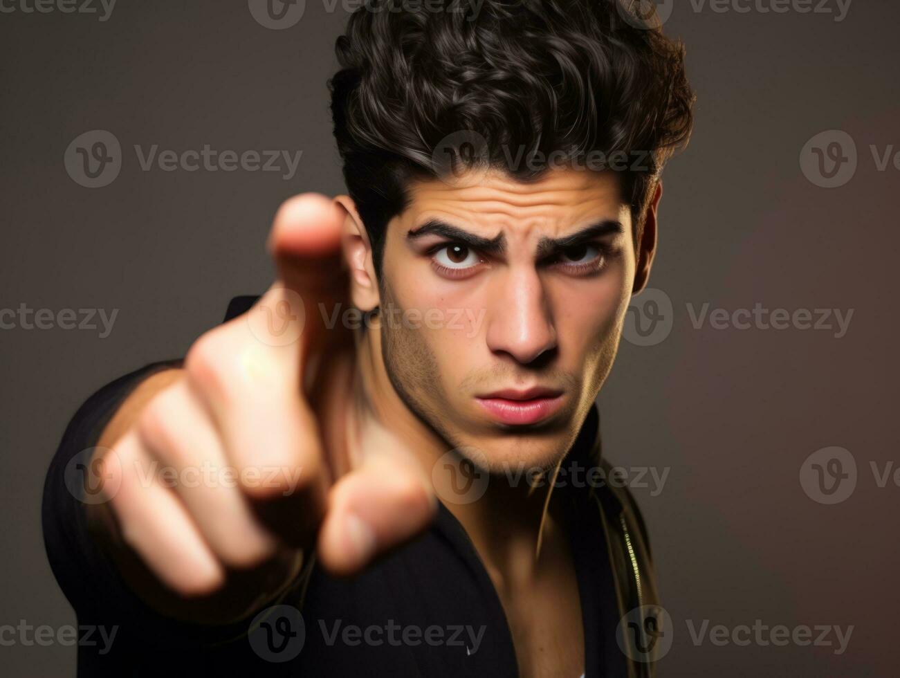 Young handsome man emotional gestures on solid background AI Generative photo