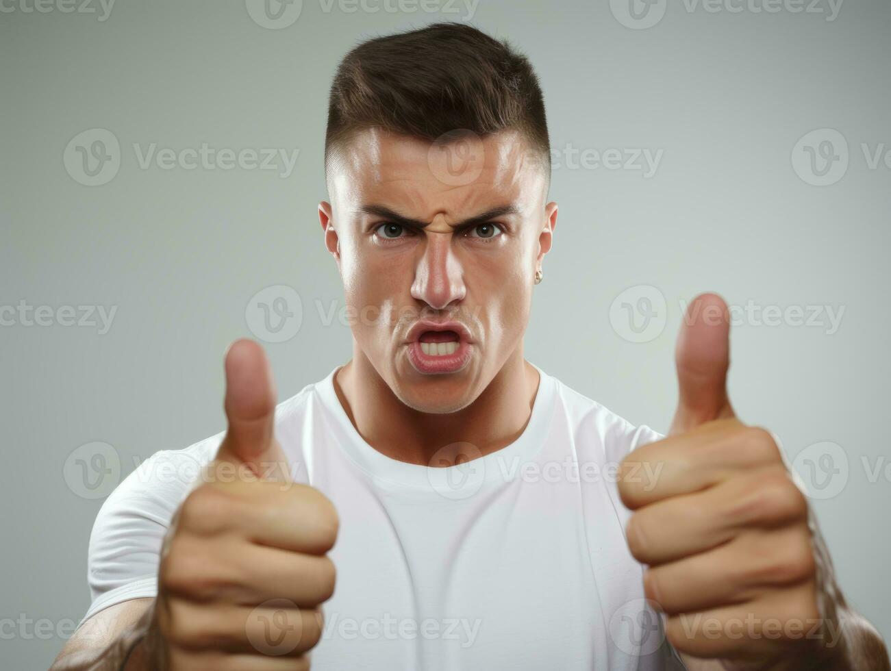 Young handsome man emotional gestures on solid background AI Generative photo