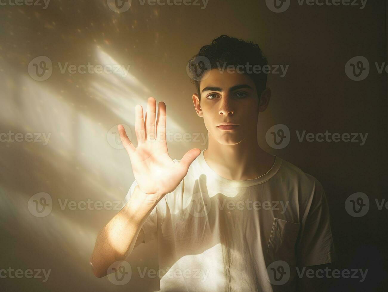 joven hermoso hombre emocional gestos en sólido antecedentes ai generativo foto