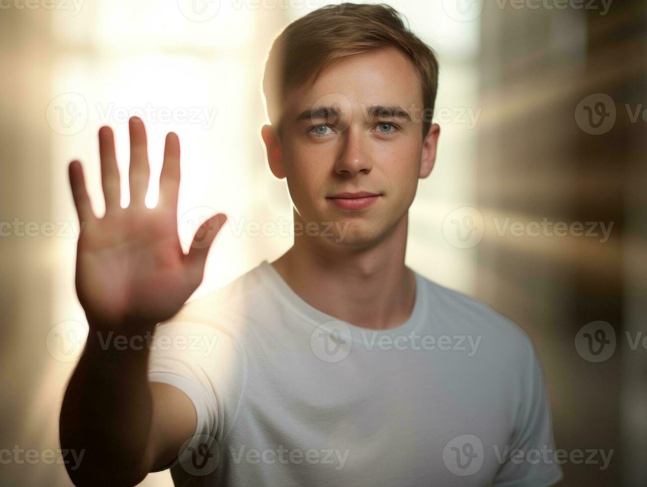 Young handsome man emotional gestures on solid background AI Generative photo