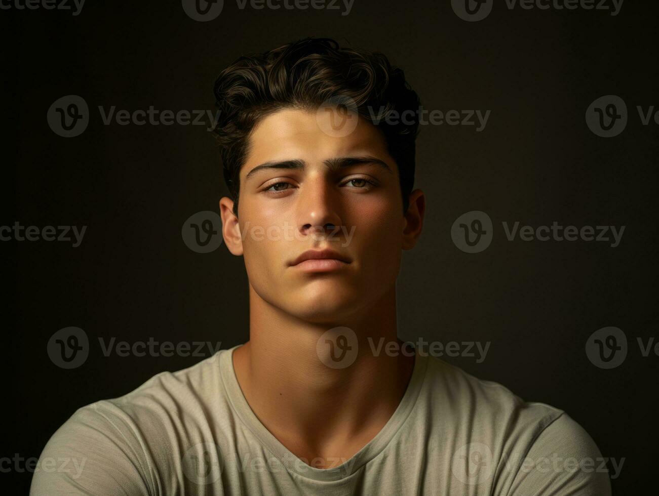 Young handsome man emotional gestures on solid background AI Generative photo