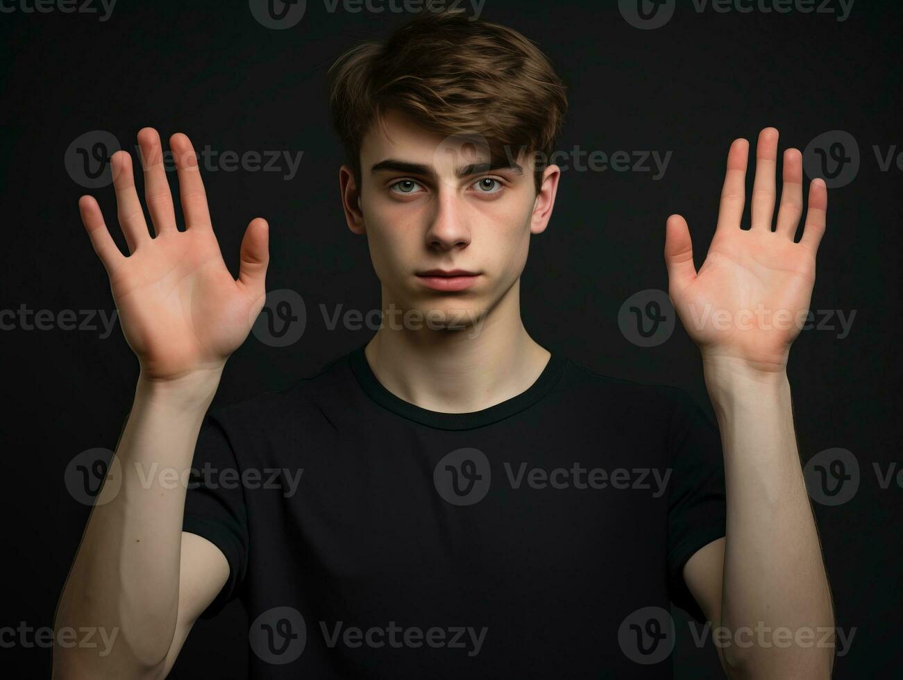 Young handsome man emotional gestures on solid background AI Generative photo