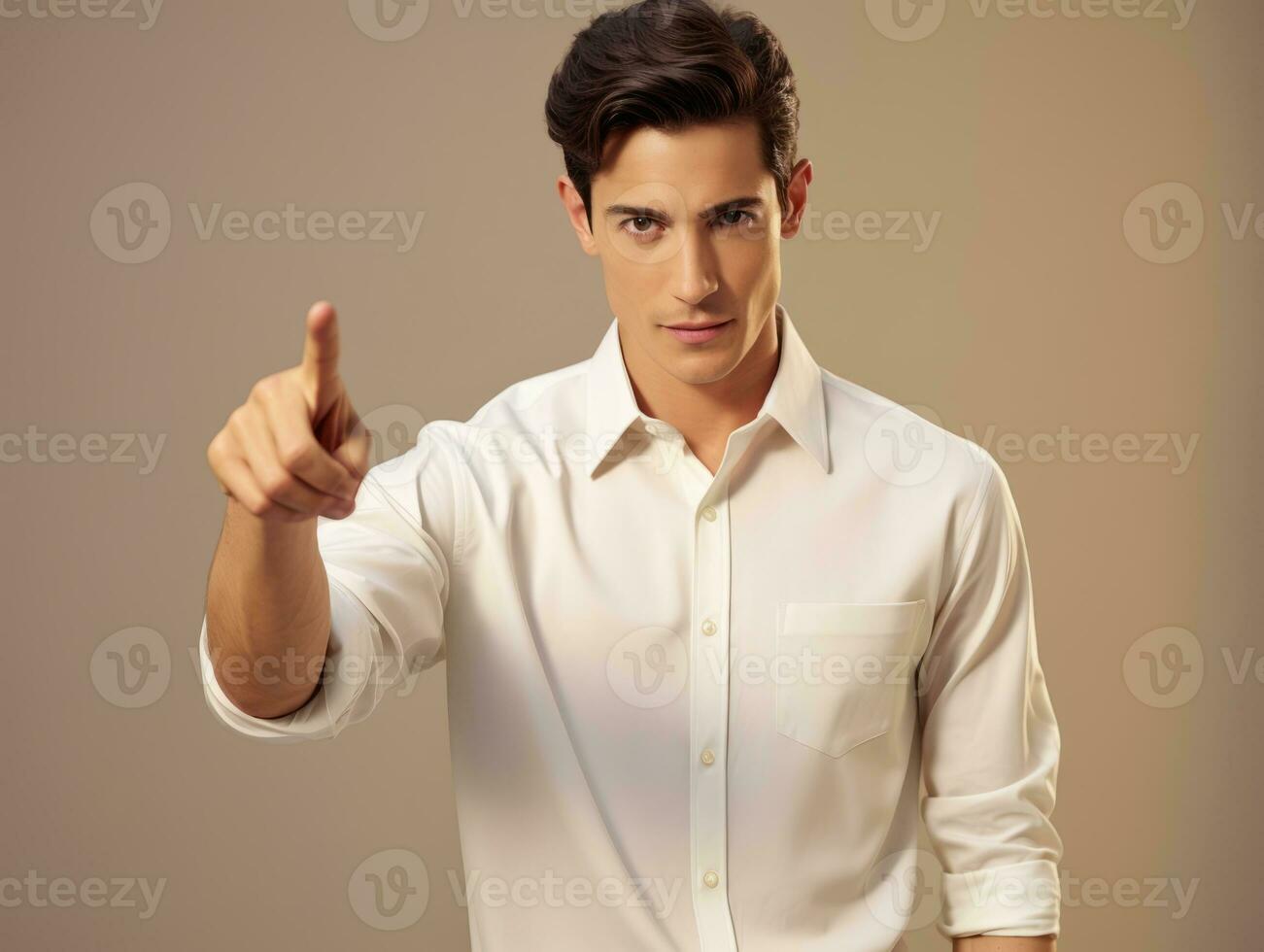 Young handsome man emotional gestures on solid background AI Generative photo
