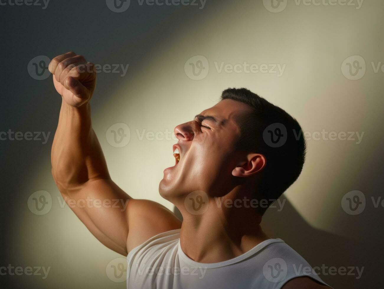 Young handsome man emotional gestures on solid background AI Generative photo