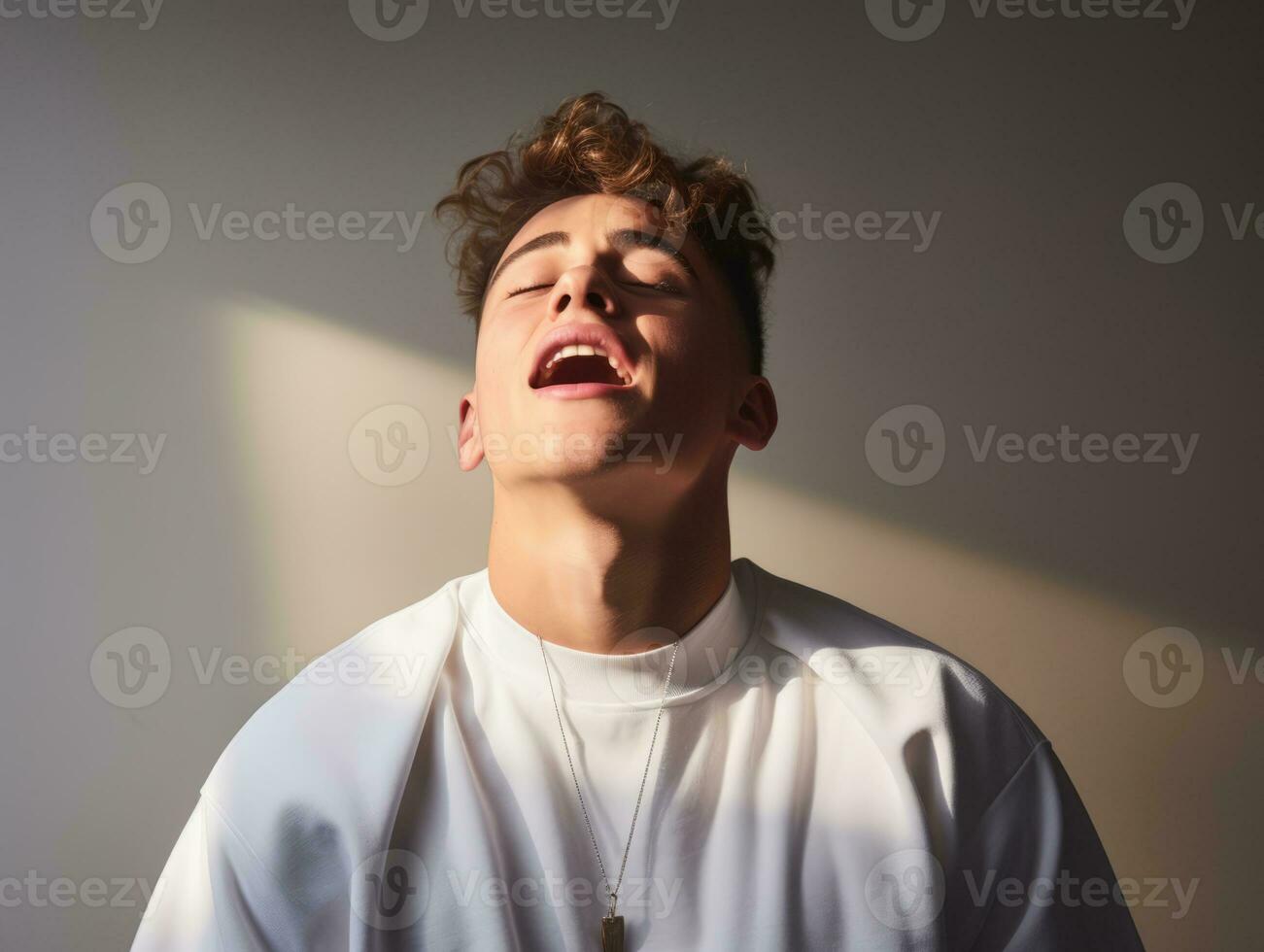 Young handsome man emotional gestures on solid background AI Generative photo