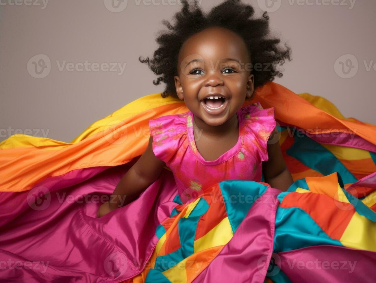 adorable bebé con vibrante ropa en un juguetón actitud ai generativo foto