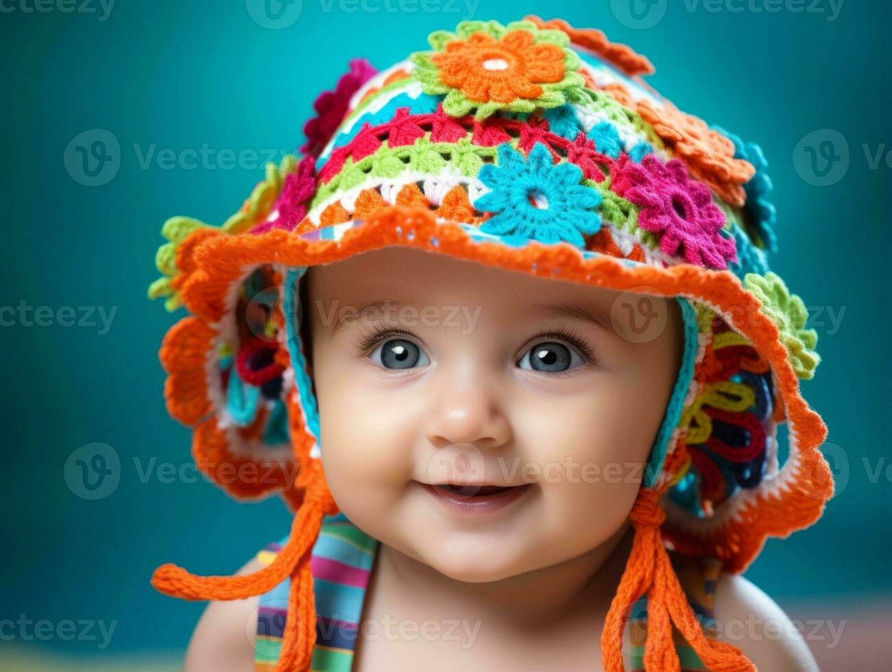 Adorable baby with vibrant clothing in a playful pose AI Generative photo