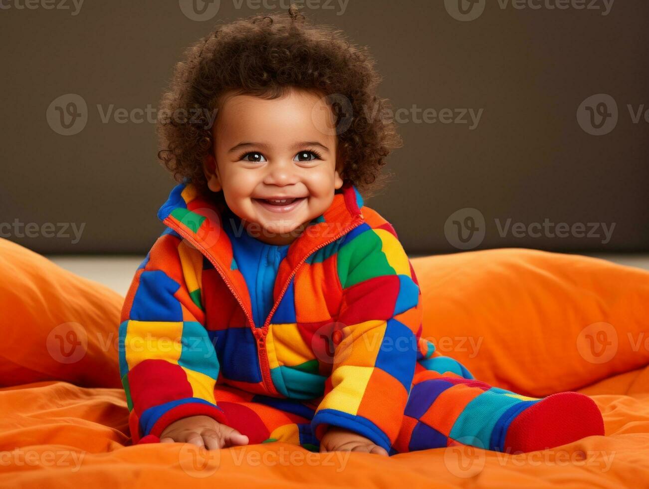 adorable bebé con vibrante ropa en un juguetón actitud ai generativo foto