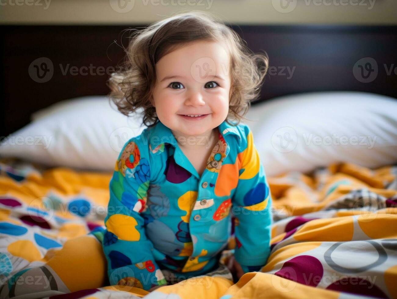 Adorable baby with vibrant clothing in a playful pose AI Generative photo