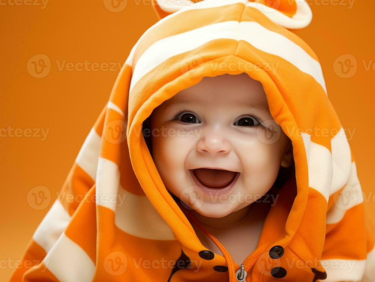 Adorable baby with vibrant clothing in a playful pose AI Generative photo