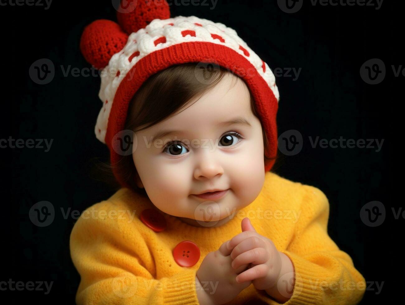 Adorable baby with vibrant clothing in a playful pose AI Generative photo