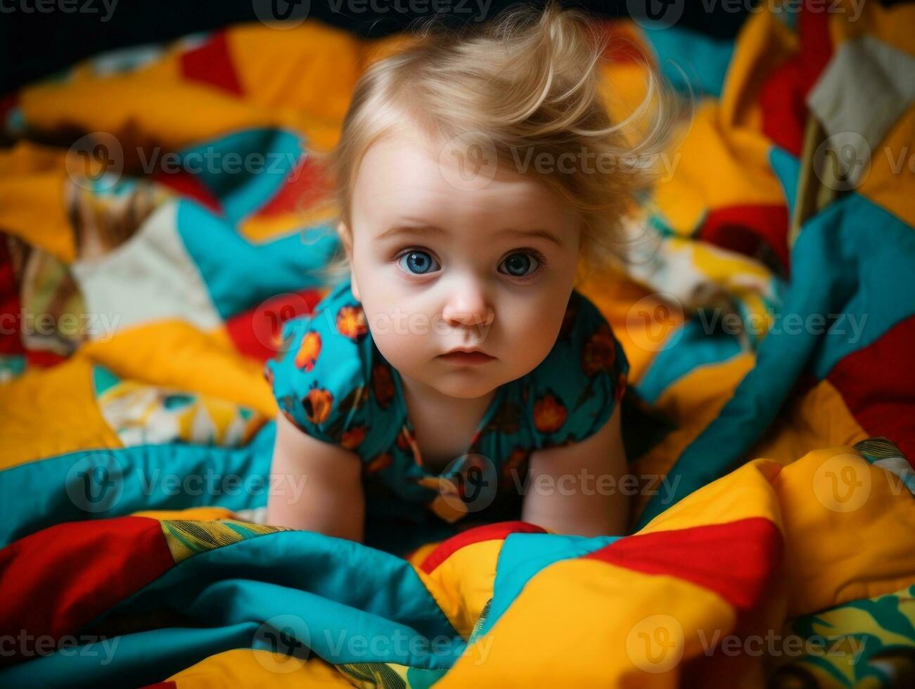 Adorable baby with vibrant clothing in a playful pose AI Generative photo