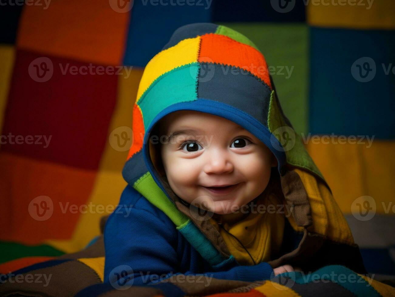Adorable baby with vibrant clothing in a playful pose AI Generative photo