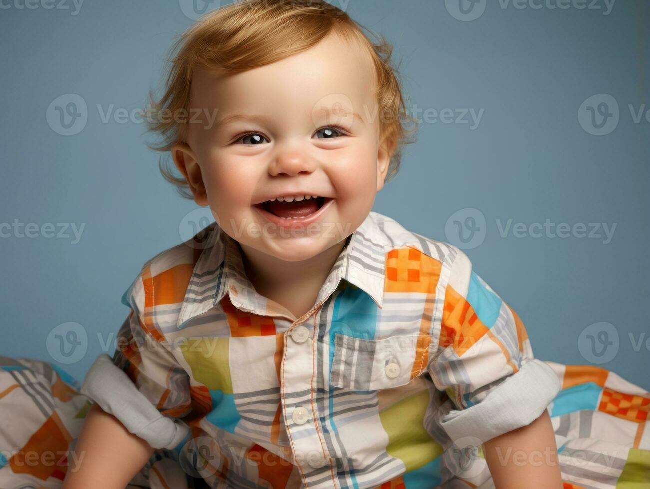 Adorable baby with vibrant clothing in a playful pose AI Generative photo
