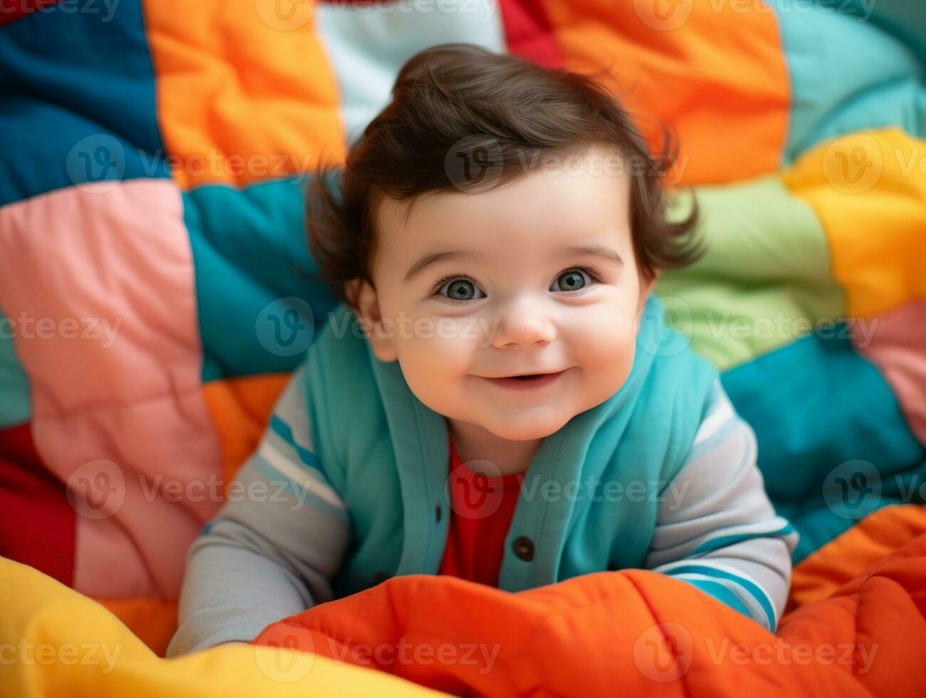 Adorable baby with vibrant clothing in a playful pose AI Generative photo
