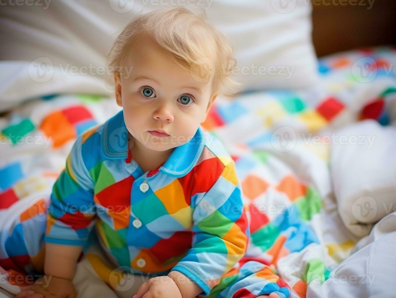Adorable baby with vibrant clothing in a playful pose AI Generative photo