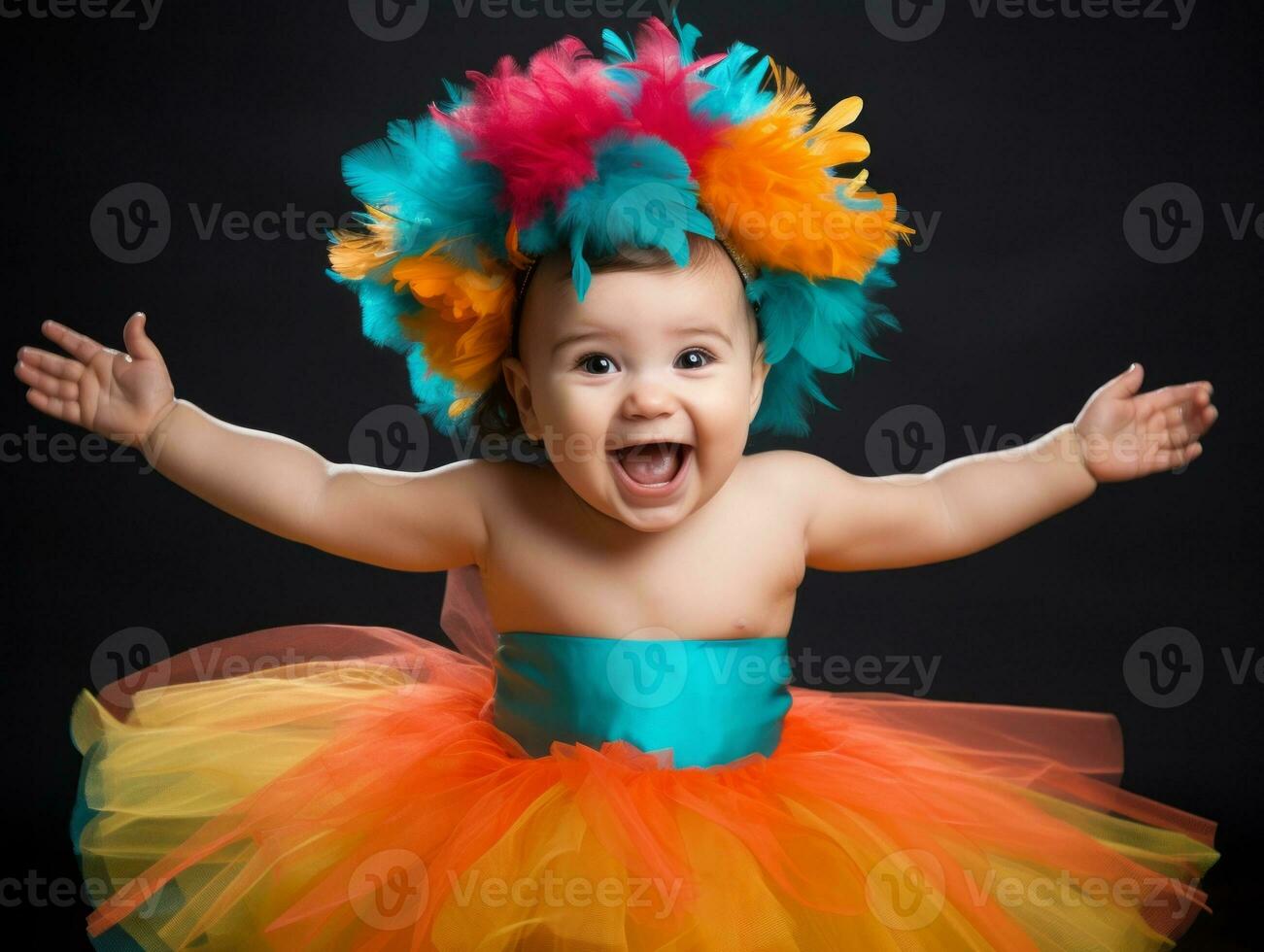 Adorable baby with vibrant clothing in a playful pose AI Generative photo