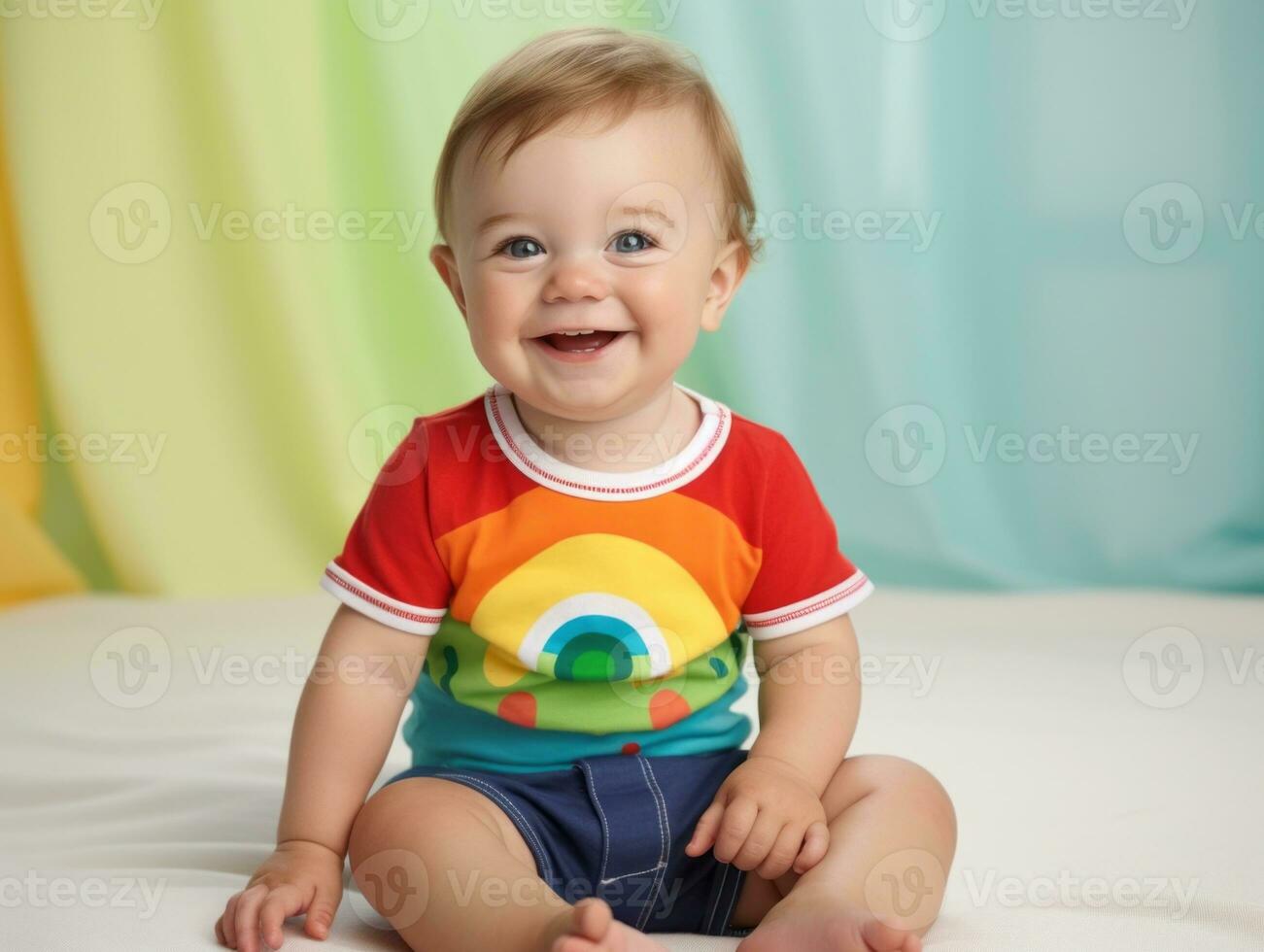 Adorable baby with vibrant clothing in a playful pose AI Generative photo