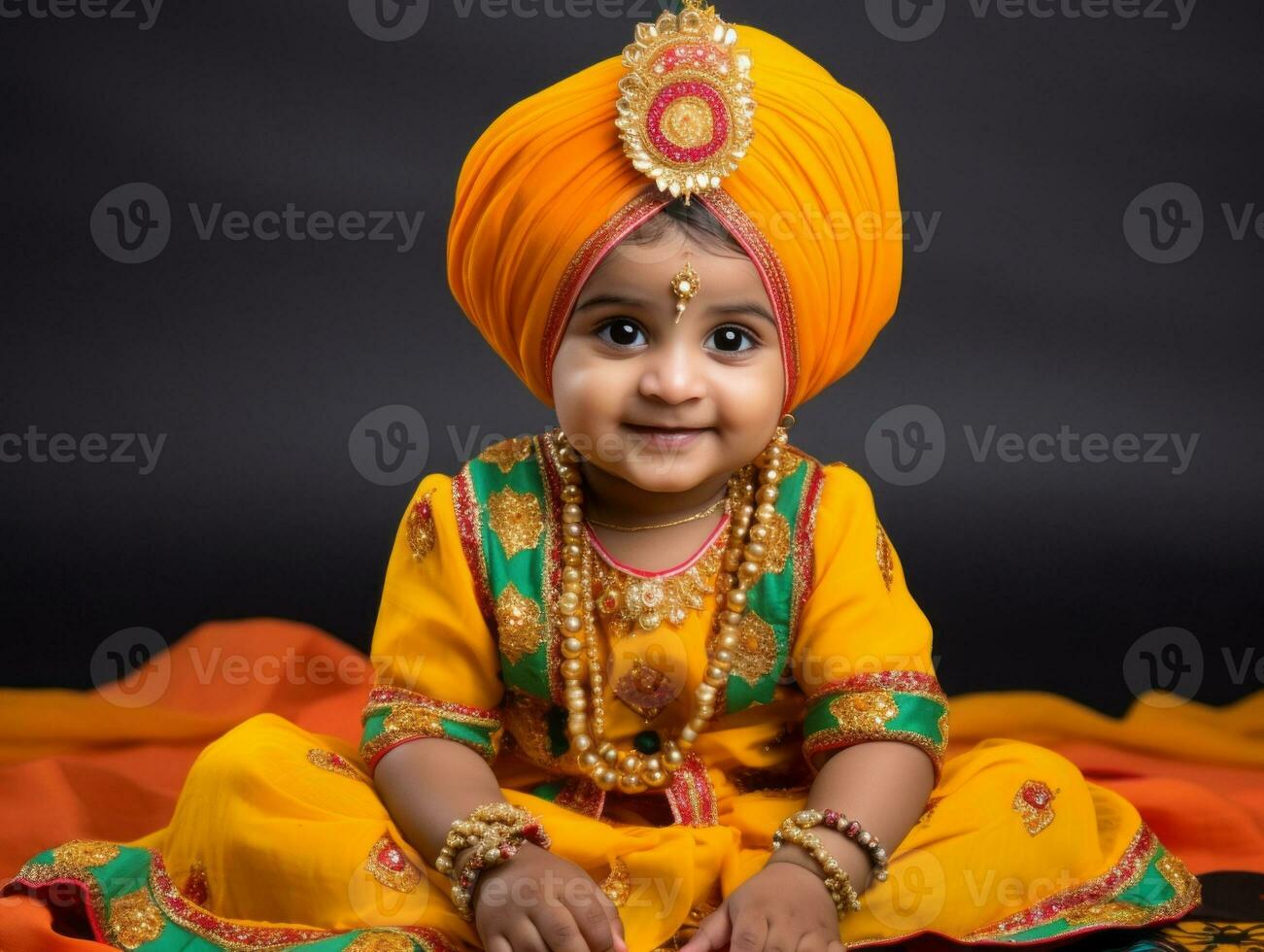 Adorable baby with vibrant clothing in a playful pose AI Generative photo
