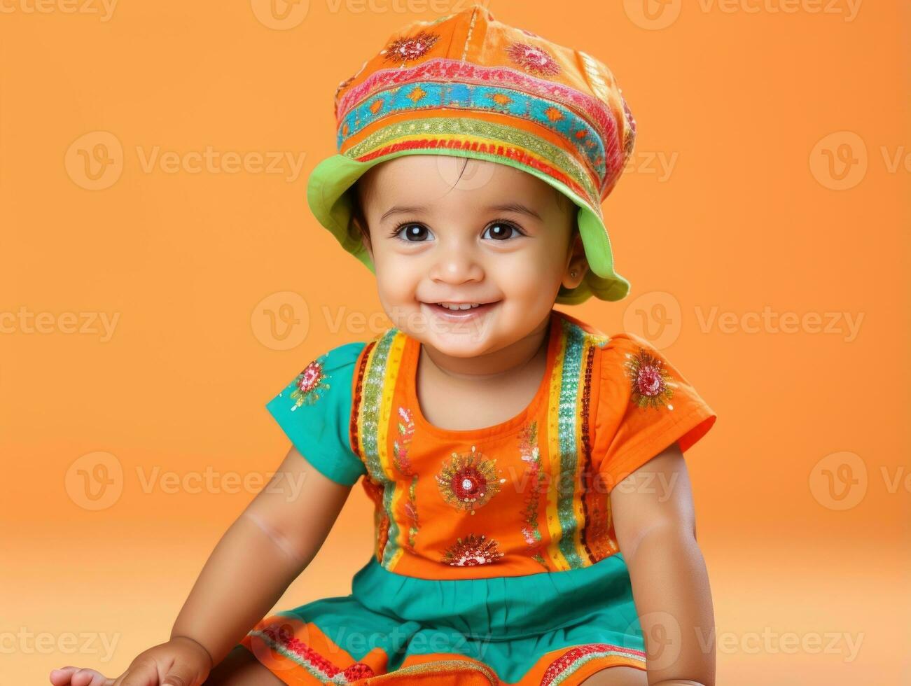 Adorable baby with vibrant clothing in a playful pose AI Generative photo