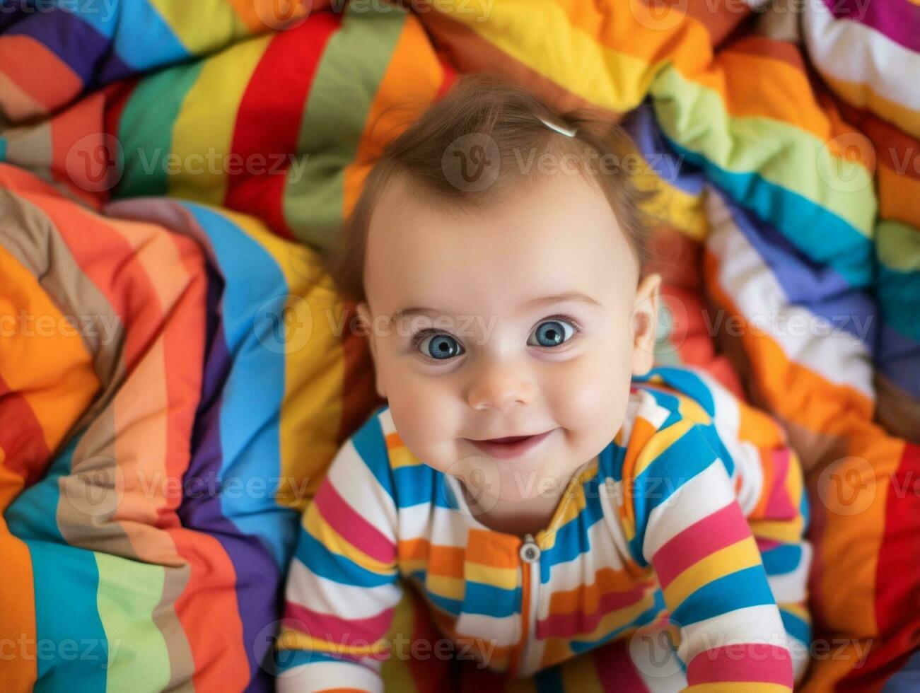 Adorable baby with vibrant clothing in a playful pose AI Generative photo