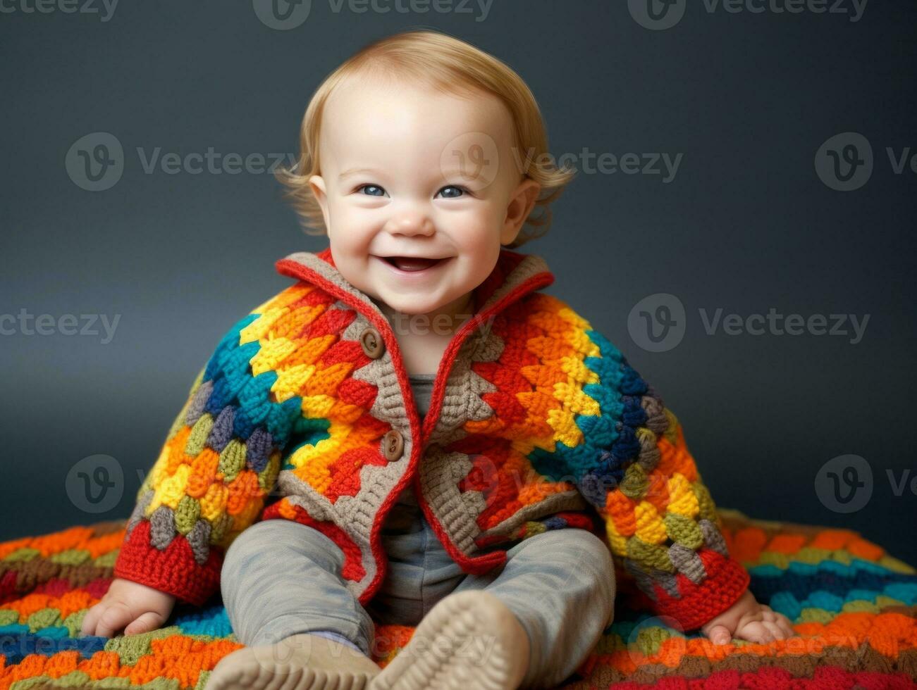 Adorable baby with vibrant clothing in a playful pose AI Generative photo