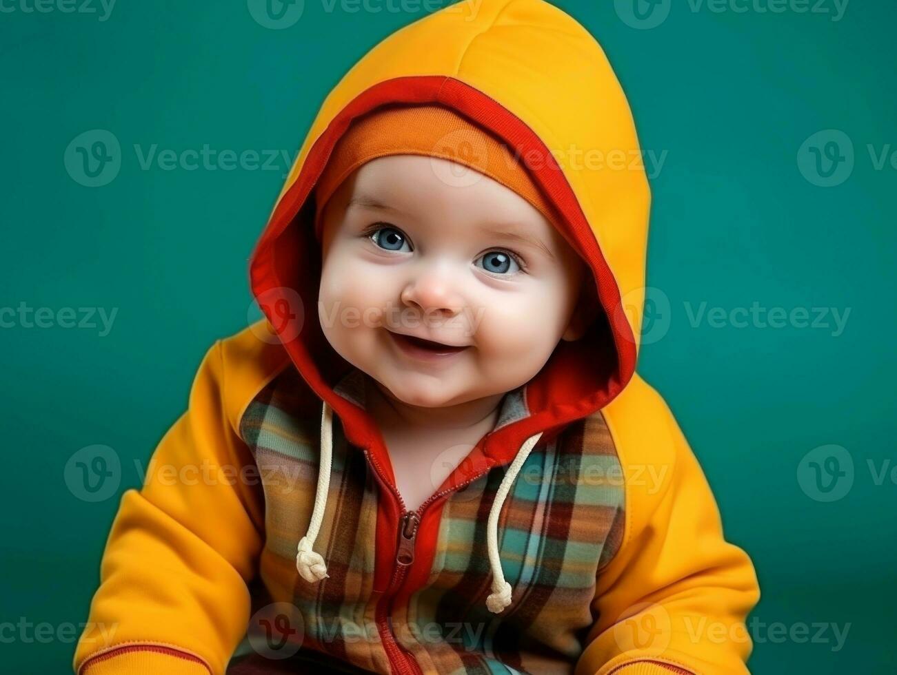 Adorable baby with vibrant clothing in a playful pose AI Generative photo