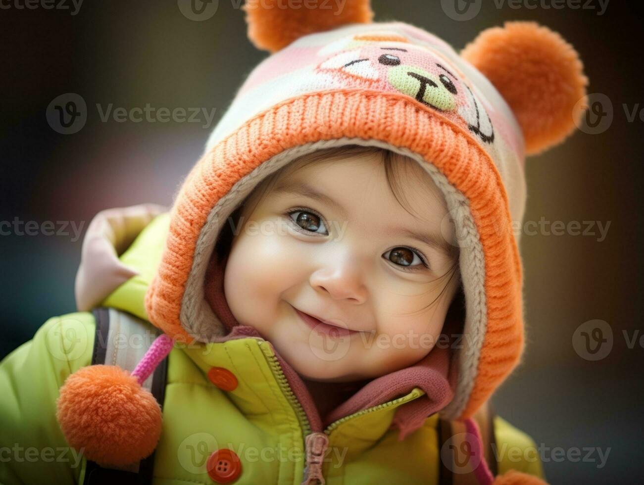 Adorable baby with vibrant clothing in a playful pose AI Generative photo